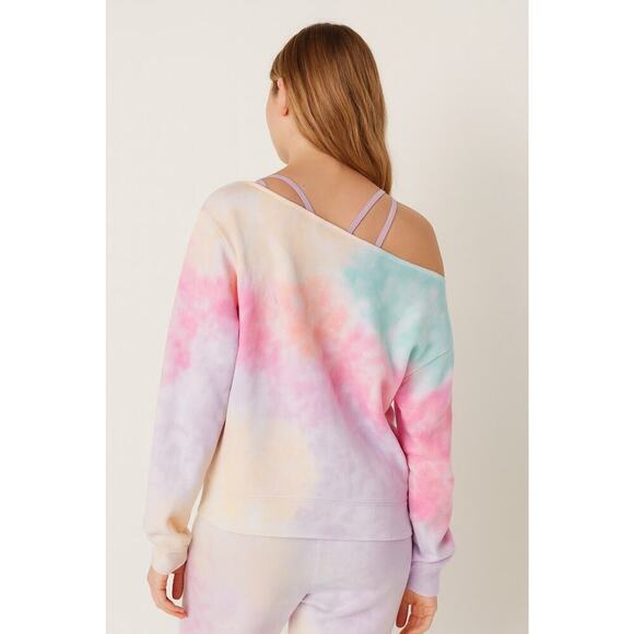 Victorias Secret PINK Sweatshirt XL Off Shoulder Tie Dye Pastel Rainbow Pullover - Picture 2 of 11